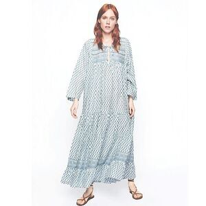 Zara Flowy Printed Resort Boho Maxi Dress Beaded Tassels White & Blue Size Small